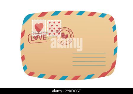 Liebesbrief Luftpost, Retro-Umschlag mit Herzmarken, Markierungen isoliert auf weißem Hintergrund. Karte romantischer Gruß, Vintage-Nachricht. . Vektorabbildung Stock Vektor