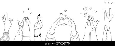 Kritzelskizze Hände hoch Gesten Comic Icons Silhouetten Vektor Set. Stock Vektor