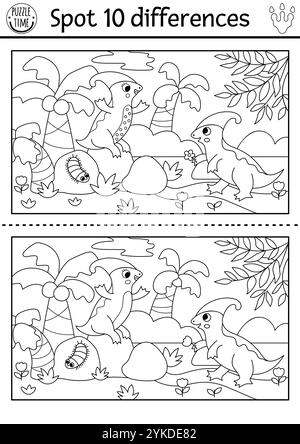 Unterschiede suchen. Schwarzweiß-Dinosaurier-Bildungstätigkeit mit Parasaurolophus, seiner Freundin, prähistorische Landschaft. Linienpuzzle für Kinder mit Stock Vektor