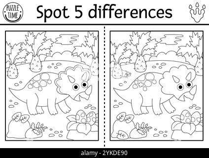 Finde Unterschiede Spiel für Kinder. Dinosaurier Schwarz-weiß-Aktivität mit triceratops und prähistorischer Landschaft. Linienpuzzle für Kinder mit Stock Vektor