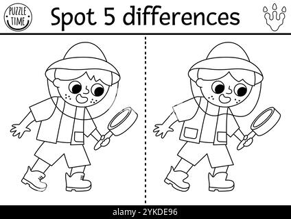 Finde Unterschiede Spiel. Dinosaurier schwarz-weiß-pädagogische Aktivität mit Paläontologen Jungen, der Glas sieht. Linienpuzzle für Kinder mit Archäologen Stock Vektor