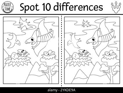 Finde Unterschiede Spiel für Kinder. Schwarzweiß-Dinosaurier-Aktivität mit Pterosaurus und prähistorischer Landschaft. Linienpuzzle für Kinder mit Stock Vektor