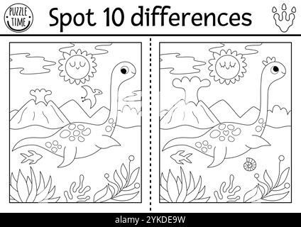 Finde Unterschiede Spiel für Kinder. Dinosaurier Schwarz-weiß-pädagogische Aktivität mit Plesiosaurier und prähistorischer Landschaft. Linienpuzzle für Kinder mit Stock Vektor