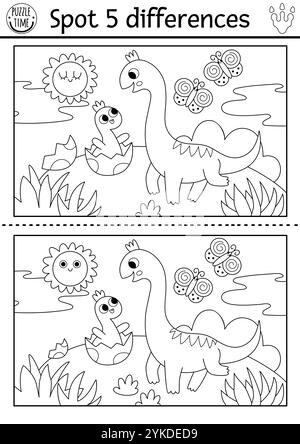 Finde Unterschiede Spiel. Schwarzweiß-Dinosaurier-Aktivität mit Brachiosaurus, Schlüpfbaby, prähistorischer Landschaft. Linienpuzzle für Kinder wi Stock Vektor