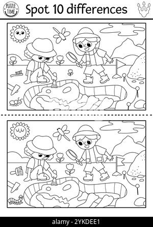 Finde Unterschiede Spiel für Kinder. Schwarzweiß-Dinosaurier-Lehrtätigkeit mit Paläontologen, Graben, Lagerlandschaft. Linienpuzzle für Kinder mit Stock Vektor