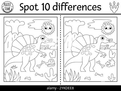 Finde Unterschiede Spiel für Kinder. Dinosaurier Schwarz-weiß-pädagogische Aktivität mit Spinosaurus und prähistorischer Landschaft. Linienpuzzle für Kinder mit Stock Vektor