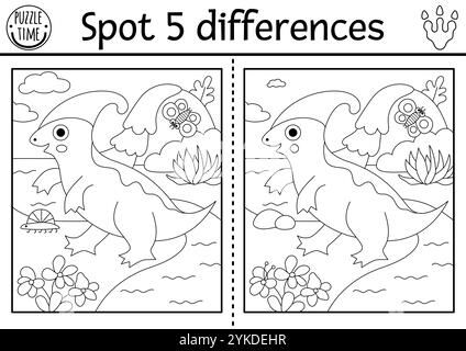 Finde Unterschiede Spiel für Kinder. Schwarzweiß-Dinosaurier-Lernaktivität mit Parasaurolophus, prähistorischer Landschaft. Linienpuzzle für Kinder wi Stock Vektor