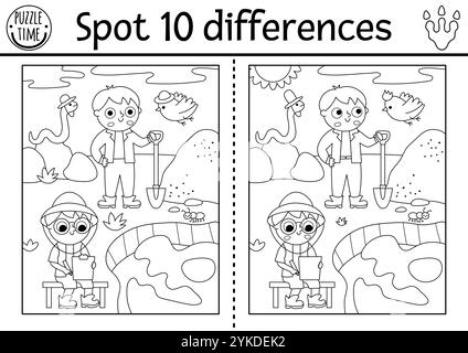 Finde Unterschiede Spiel für Kinder. Schwarzweiß-Dinosaurier-Lehrtätigkeit mit Paläontologen, Graben, Lagerlandschaft. Linienpuzzle für Kinder mit Stock Vektor