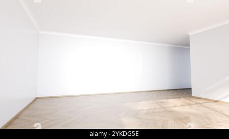 Helles und geräumiges leeres Zimmer mit poliertem Holzfußboden und weißen Wänden bietet eine saubere Leinwand für zukünftige Dekoration und persönliche Details. Stockfoto