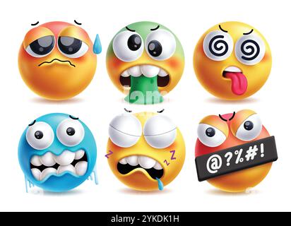 Nervöse Emoji-Vektorzeichen gesetzt. Emojis 3D Clip Art wie Unwohlsein, Erbrochenes, Schwindel, Kälte, sabbernde und wütende Gesichtsausdrücke Charakterelemente. Stock Vektor