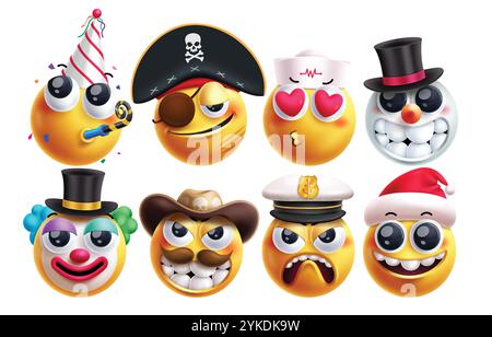 Emoji-Beruf Vektor-Zeichensatz. Emojis Job Charakter wie Geburtstag, Pirate, Chirurg, Clown, Bandit, Seefahrer und weihnachtsmann tragen Hut Stock Vektor