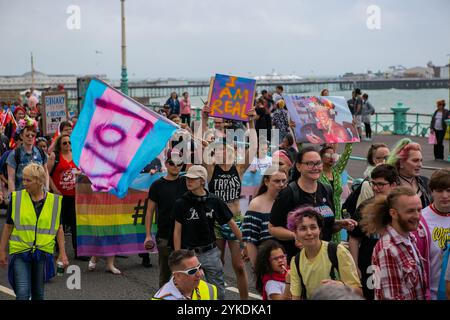 Brighton, Großbritannien, 20. Juli 2019. Hunderte von Menschen marschierten entlang der Küste zum Brunswick Square, zum 7. Jährlichen Brighton Trans Pride. Die Feierlichkeiten fanden nach dem marsch statt Stockfoto