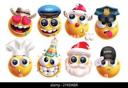 Vektorsatz für Emoji-Job-Zeichen. Emojis Karriere Charakter wie Cowboy, Pilot, Rentier, Polizei, Koch, weihnachtsmann und Seefahrer tragen ein Hut-Kostüm Stock Vektor