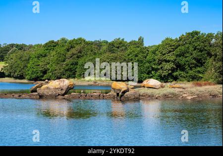 Eine ruhige Landschaft mit großen Felsbrocken in einem ruhigen Fluss Aven in der Bretagne, umgeben von üppigen grünen Bäumen unter einem klaren blauen Himmel. Stockfoto