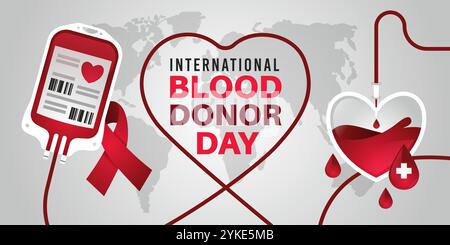 Weltblutspendetag. Medizinische Wohltätigkeitssymbole, Spenderelemente, rotes Band und Herz, Hilfe und Bluttransfusion, Webbanner Design, Gesundheitswesen Stock Vektor