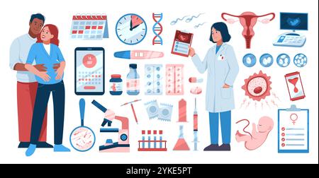 Elemente der Fruchtbarkeit des Menschen. Glückliches Paar erwartet Baby, Gynäkologe mit Bild des Fetus, Schwangerschaftsplanung, Empfängnis, Vitamine und Pillen Cartoon Stock Vektor