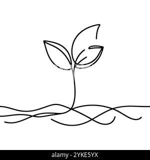 Minimalistische einzeilige Kunst eines Sprosses, der aus dem Boden wächst und Natur, Wachstum und Neuanfänge symbolisiert Stock Vektor