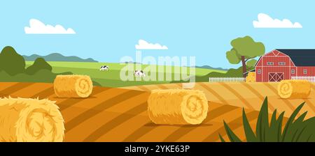 Agrarlandschaft. Heurollen auf dem Bauernfeld, trockenes Gras für Viehfutter, gelbes Stroh, Weizenstängel, Ernte, Dorfhintergrund, Cartoon Flat Stock Vektor