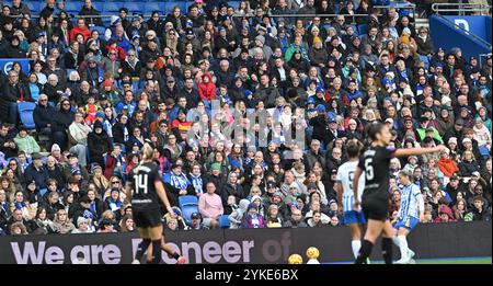 Brighton Großbritannien 16. November 2024 - Brighton Fans sehen sich das Fußballspiel der Barclays Women's Super League zwischen Brighton & Hove Albion und West Ham United im American Express Stadium in Brighton an: Nur für redaktionelle Zwecke Stockfoto