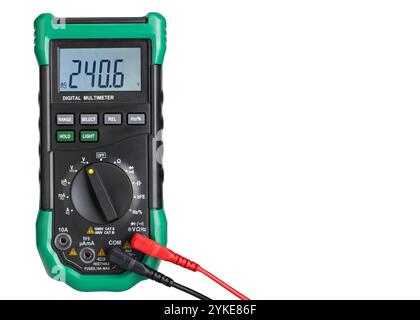 Vorderansicht des Digitalmultimeters mit Messfühlern Stockfoto