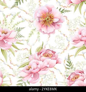 Hochzeit rosa Pfingstrosen, weiße Blumen, Farnblätter und Braut Perlenschmuck nahtlose Muster. Gartenrosen Stockfoto