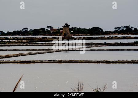 Die Saline di Marcala in der Lagune von Stagnone mit alten Windmühlen und Salzwiesen in Marshala Trapani Sizilien Italien Stockfoto