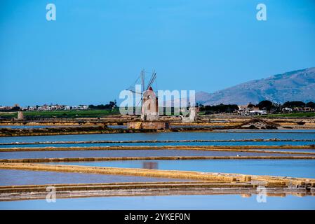 Die Saline di Marcala in der Lagune von Stagnone mit alten Windmühlen und Salzwiesen in Marshala Trapani Sizilien Italien Stockfoto