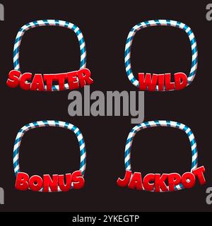 Bonus-, Wild-, Jackpot- und Scatter-Symbol-Rahmen für Weihnachtsfächer. Zuckerrohr-Rahmenkollektion. Weihnachtliche Borte mit Streifen Stock Vektor