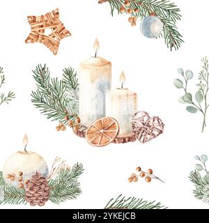 Nahtloses Weihnachtsmuster mit Kerzen, Winterpflanzen und Holzspielzeug, Weidenherz und Stern aus Rattan. Handgezeichnetes Aquarell Stockfoto