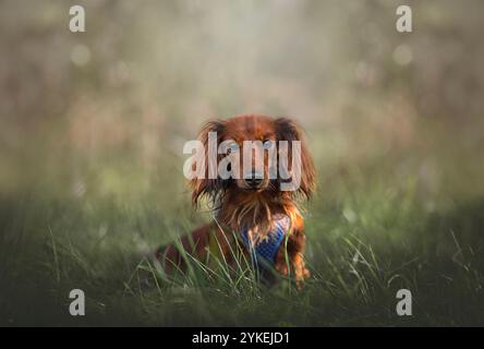 Porträt eines langhaarigen Dackels, der im Gras sitzt. Stockfoto