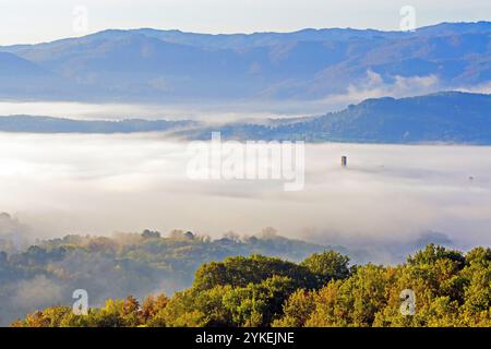 Herbstlandschaft im Casentino-Tal steht der Turm der Burg Poppi (Burg von Conti Guidi) im Nebel, Toskana, Italien Stockfoto