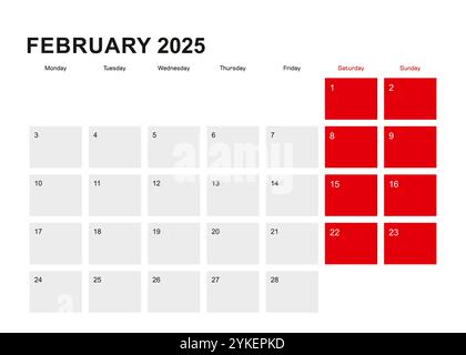 Planer-Kalender für 2025. Februar. Die Woche beginnt am Montag. Vektorabbildung. Stock Vektor