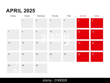 Planung des Planers für 2025. April. Die Woche beginnt am Montag. Vektorabbildung. Stock Vektor