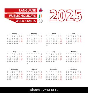 Kalender 2025 in englischer Sprache mit Feiertagen das Land Irland im Jahr 2025. Die Woche beginnt am Montag. Vektorabbildung. Stock Vektor