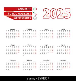 Kalender 2025 in italienischer Sprache mit Feiertagen das Land Italien im Jahr 2025. Die Woche beginnt am Montag. Vektorabbildung. Stock Vektor
