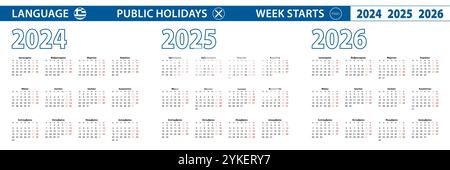 Einfache Kalendervorlage auf Griechisch für 2024, 2025, 2026 Jahre. Die Woche beginnt am Montag. Vektorabbildung. Stock Vektor