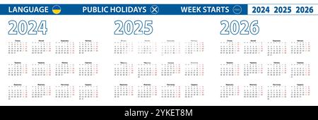 Einfache Kalendervorlage auf Ukrainisch für 2024, 2025, 2026 Jahre. Die Woche beginnt am Montag. Vektorabbildung. Stock Vektor