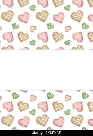 Herzförmige Inkushione aus Stoff. Grün, rosa und beige. Punktmuster und Karomuster. Fertiges Postkartendesign. Handgezeichnete Aquarellillustration. Stockfoto