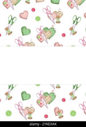 Nähschere, herzförmige Stoffpinkushions, Fäden, Nadeln. Fertiges Postkartendesign. Handgezeichnete Aquarellillustration. Stockfoto