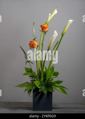 Orangefarbene Rosen, weiße Arum-Lilien und weiße veronica-Blüten in einem dunkelgrauen Würfel auf grauem Hintergrund. Stockfoto
