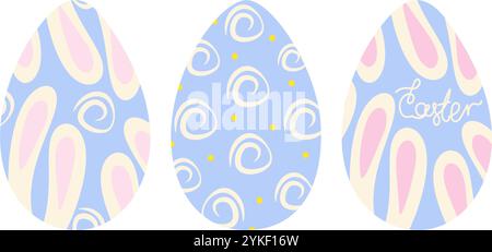 Ostereier gemustertes handgezeichnetes Ornament, Punkte, Schriftzug Ostern und Hasenohren. Legen Sie 3 Designeinheiten fest. Isolierte Vektor-Illustrationskarte, Poster, Banner, Faltblatt, Preisschild, Etikett, Broschüre oder Web-Werbeaktion Stock Vektor