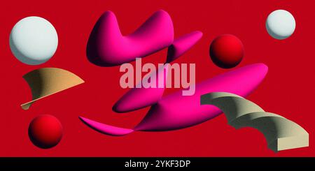 Eine faszinierende 3D-Illustration mit einer Komposition abstrakter Formen, einschließlich Kugeln und geschwungener Formen, vor einem auffälligen roten Hintergrund mit einem Sub Stockfoto