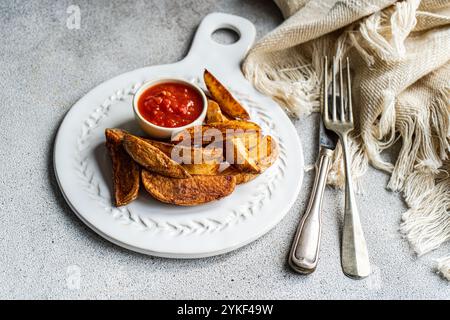 Von oben gibt es eine geschmackvolle Präsentation knuspriger gebratener Kartoffeln, gewürzt mit Gewürzen, gepaart mit einer reichhaltigen Tomatensauce, serviert auf elegantem weiß Stockfoto