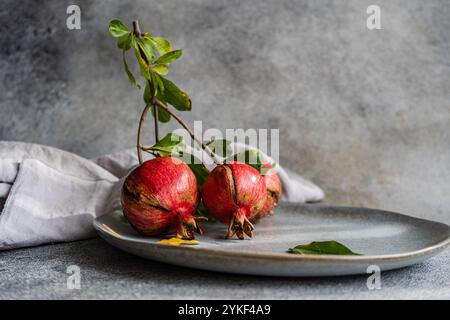 Zwei ganze reife Granatäpfel auf einem glatten grauen Teller, unterstrichen von einer dezenten Serviette und grünen Blättern, auf einem strukturierten grauen Hintergrund. Stockfoto