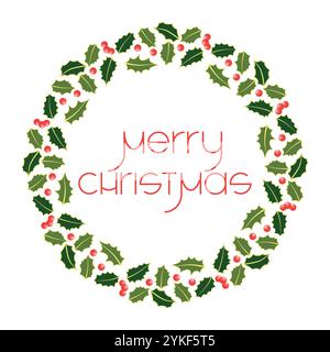 Weihnachts-stechpalme-Kranz mit frohen Weihnachten Text, stechpalme Blumenrand, Vektor-botanischer Rahmen für Grußkarten und Einladungen Stock Vektor