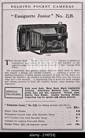 Die Falttasche Ensignette Junior, Vintage-Werbung von 1916. Ensign war in den 1920er und 1930er Jahren der größte Kamerahersteller Großbritanniens Stockfoto