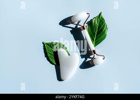 Blick von oben auf einen weißen Gesichtsroller und Gua-Sha-Massagegerät, wunderschön angeordnet mit leuchtend grünen Blättern auf einem sanften blauen Hintergrund. Perfekt für die Hautpflege Stockfoto
