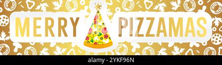 Frohe Pizzamas kreative Grüße. Horizontales Banner für Weihnachtsfeier. Goldener Hintergrund mit Pizzaelementen und isolierter Maske. Stock Vektor