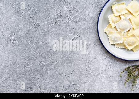 Ein Teller mit Ravioli gefüllt mit Ziegenkäse und karamelisierten Zwiebeln, serviert auf einem strukturierten grauen Hintergrund Stockfoto