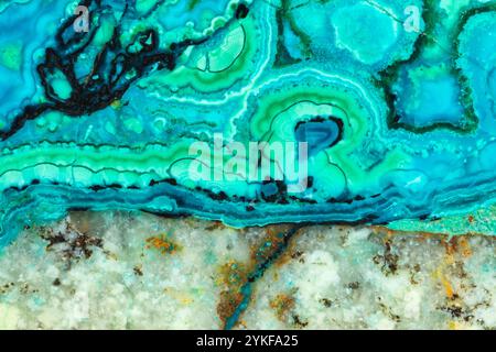 Exquisite Nahaufnahme aus gebändertem Malachit und Chrysocolla, die die lebendigen türkisfarbenen und grünen Muster der Mineralien mit reichen Texturen zeigen. Stockfoto